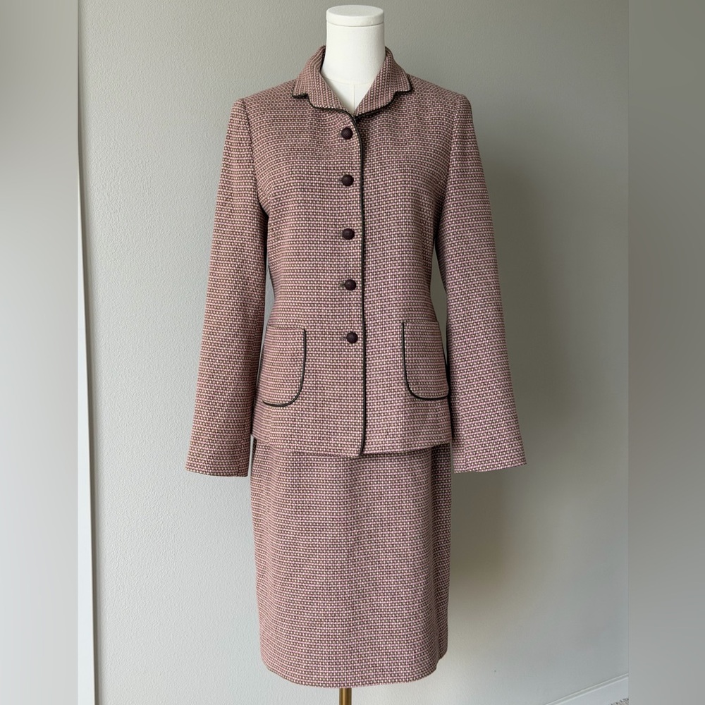 Petit France Vintage 100% Wool Tweed Skirt Suit-Pink & Sage Green Houndstooth- 8